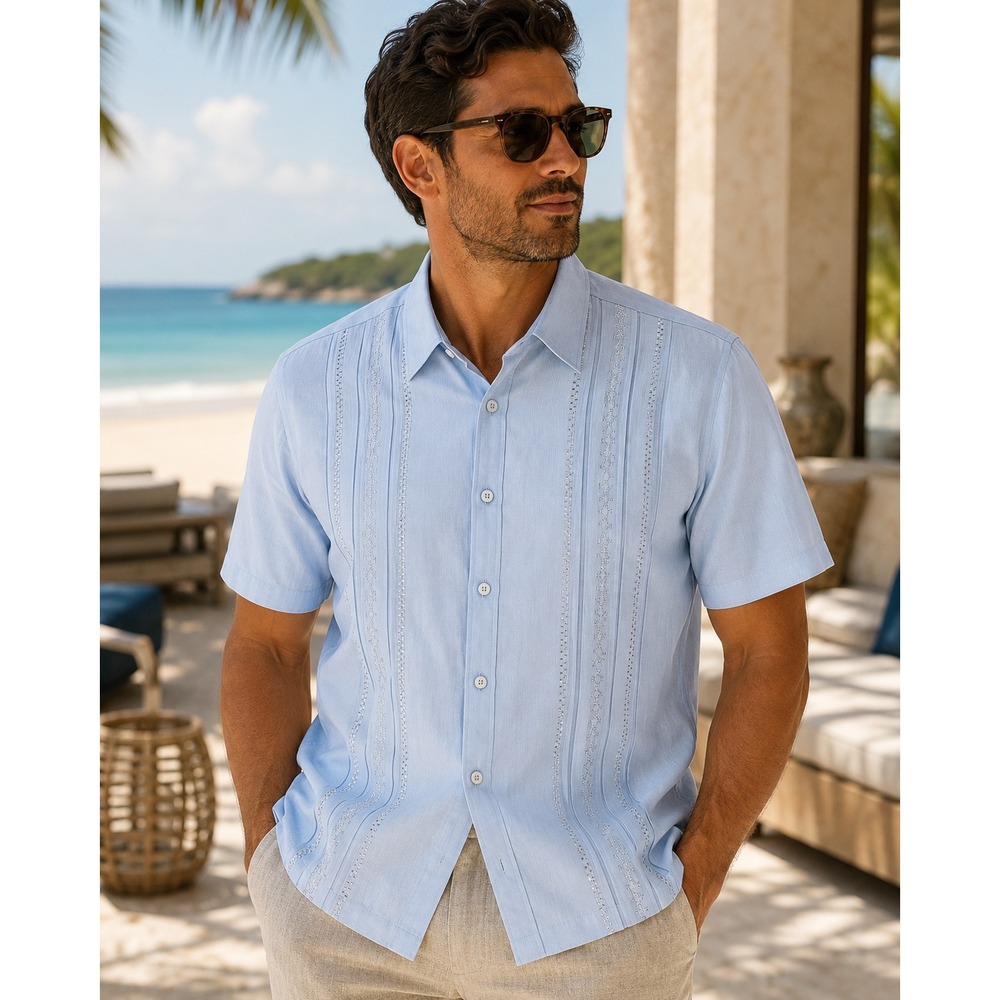 Cubavera Mens Large Blue Embroidered Shirt Short Sleeve‎ Cuban Resort Button Up